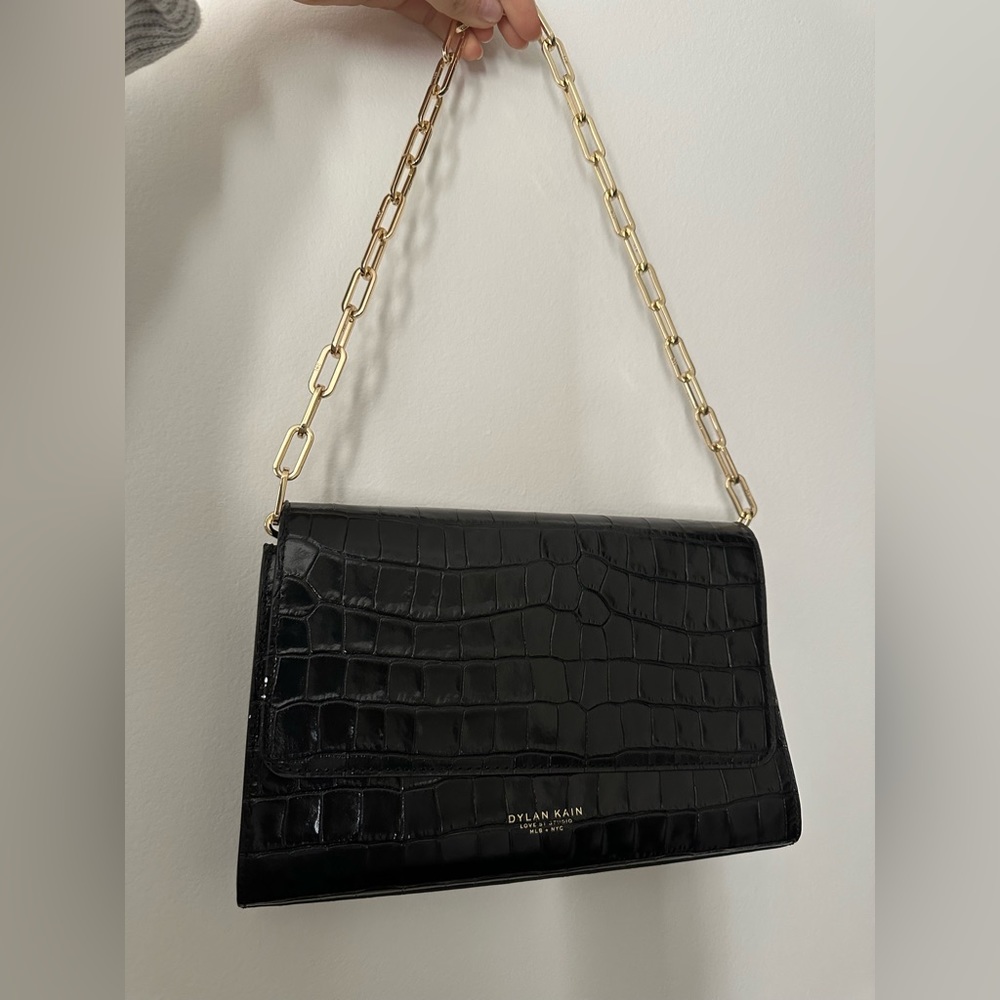 Dylan Kain Crocodile patent leather gold chain black shoulder purse